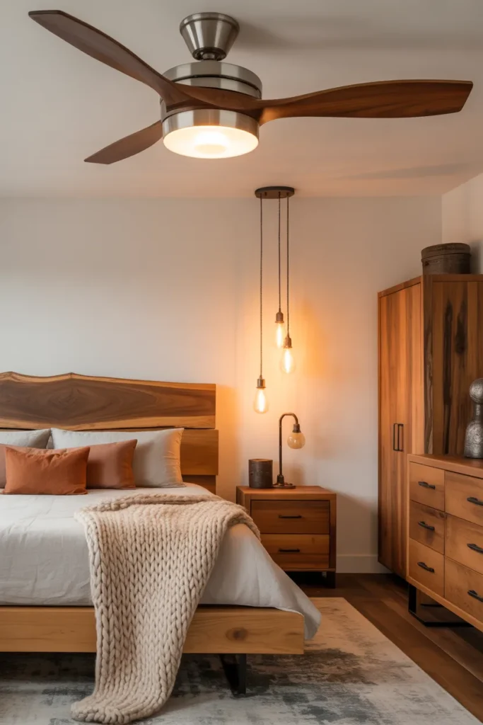 12. Ceiling Fan with Wooden Blades and Metal Body