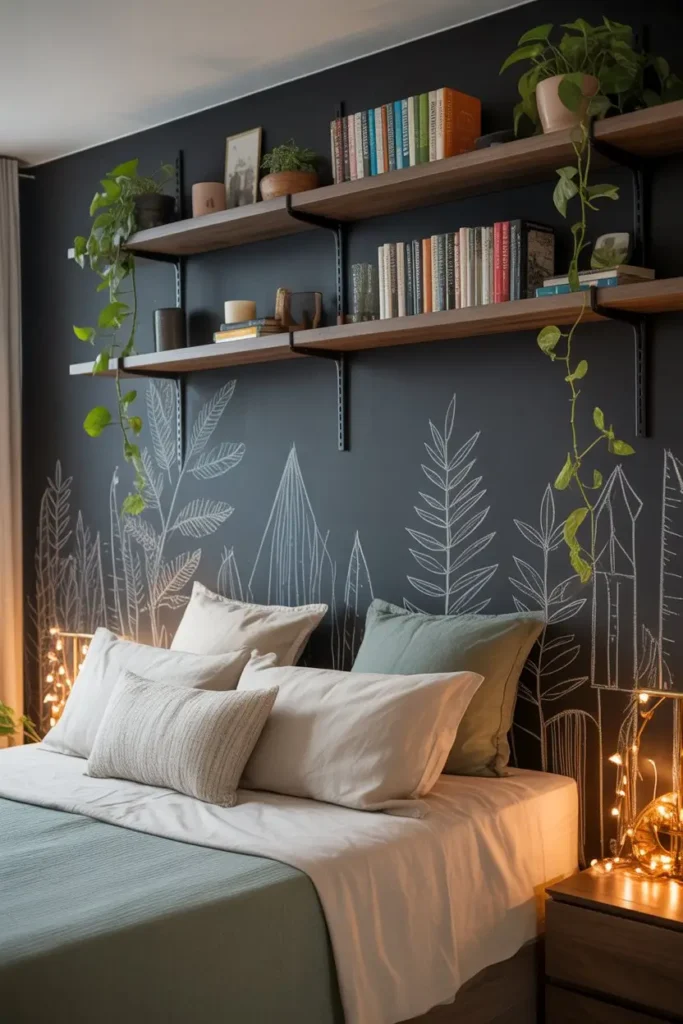 12. Chalkboard Wall with Floating Shelves for Functionality