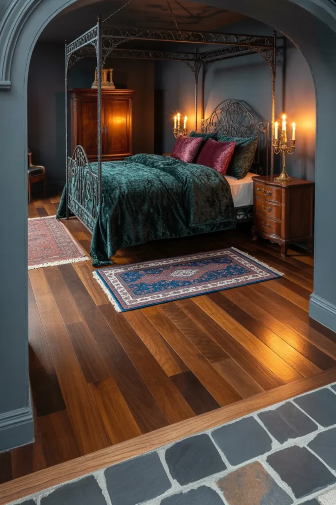 12. Dark Wood Flooring or Stone Elements