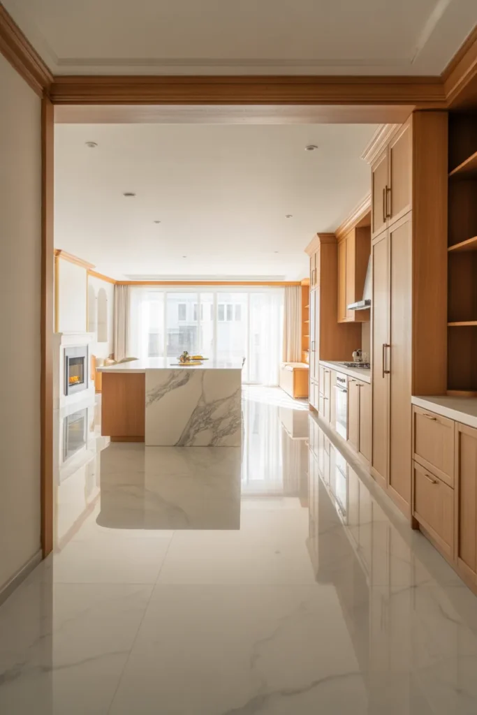 12. Marble Floors in Open Kitchen Spaces