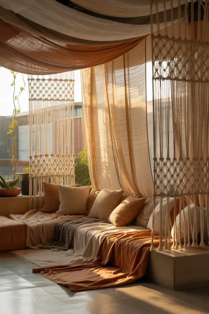 13. Hanging Fabric Panels or Macramé