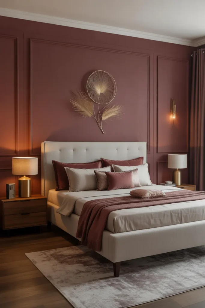 13. Subtle Gold Wall Art Over Burgundy Backdrops