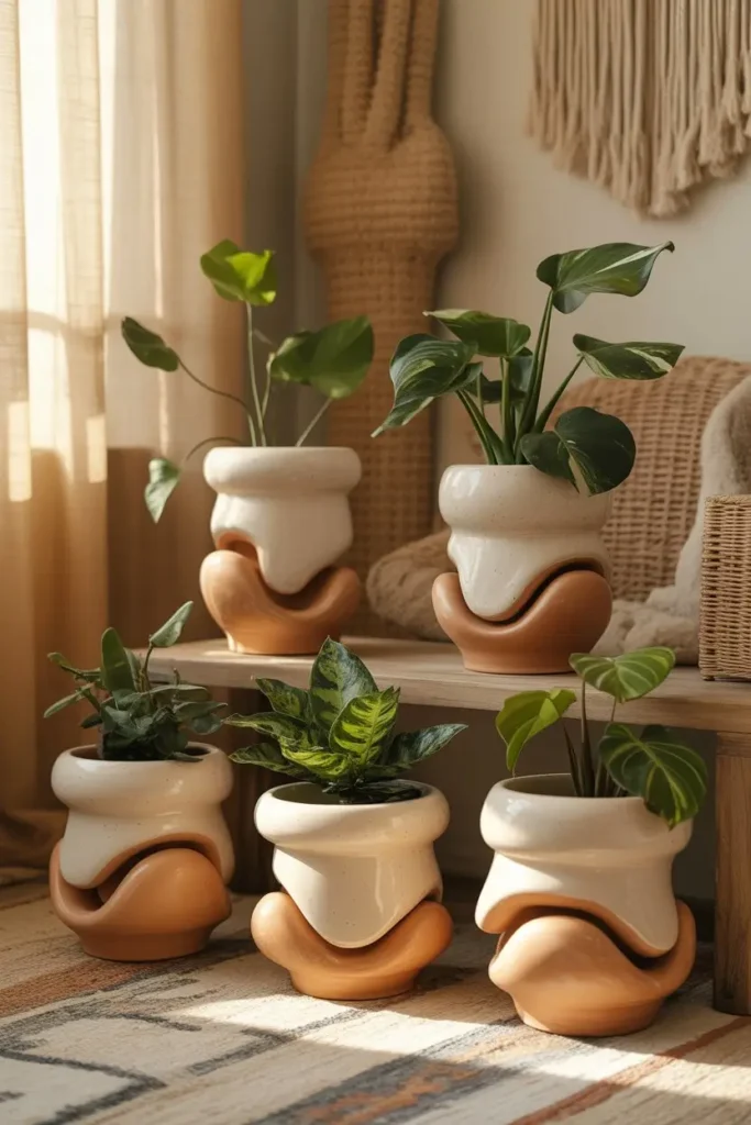 14. Boho Ceramic Plant Pots With Abstract Shapes