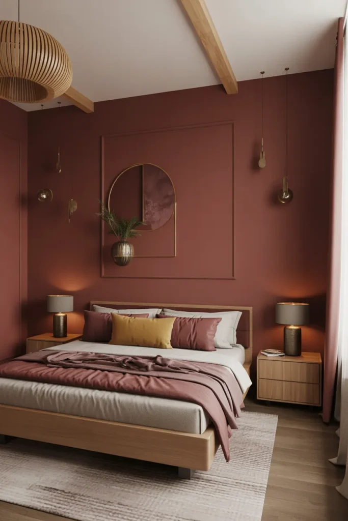 14. Burgundy and Gold with Natural Wood Accents