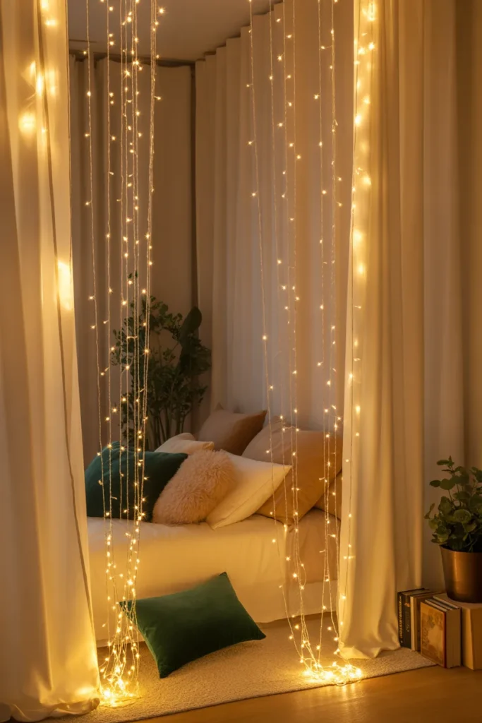 15. Hang Fairy Light Curtains as Soft Room Dividers
