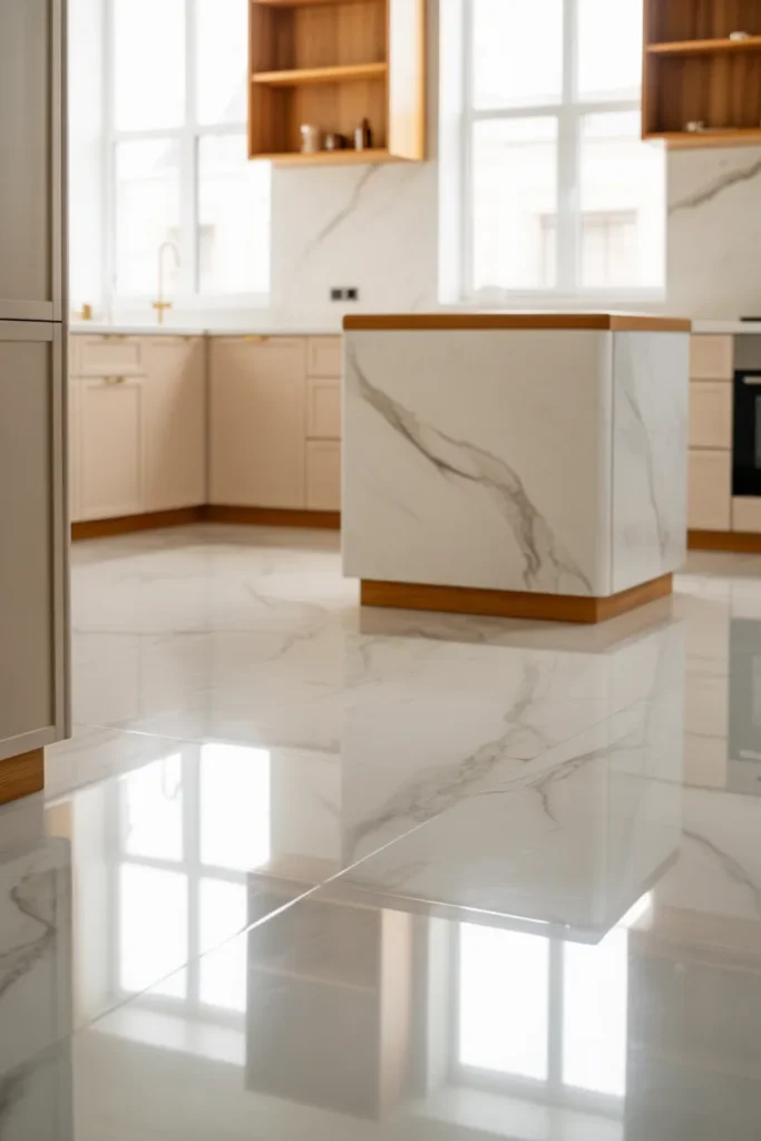 15. Marble Floors with Matching Backsplash Accents