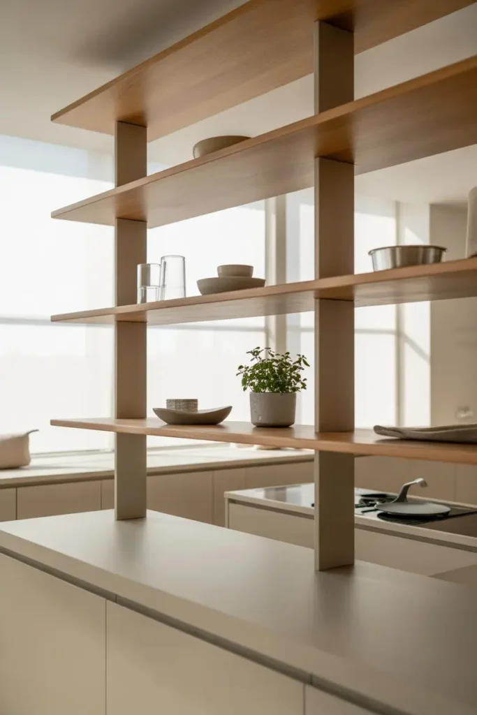 15. Minimal Open Shelving for Modern Kitchens