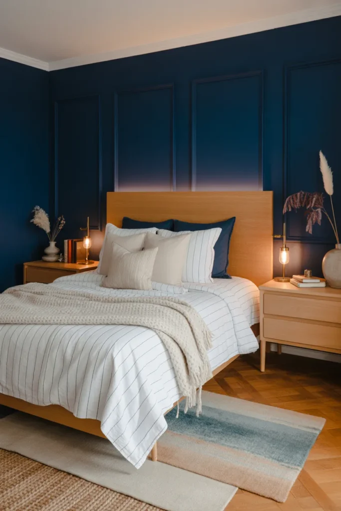 15. Navy Blue and Wood Combination