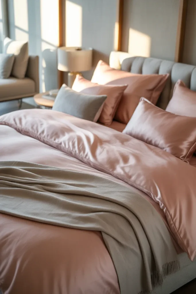 15. Rose Pink Bedding with Gray Accents