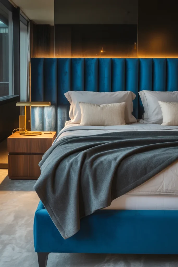 17. Blue Velvet Headboard with Built-In Lighting