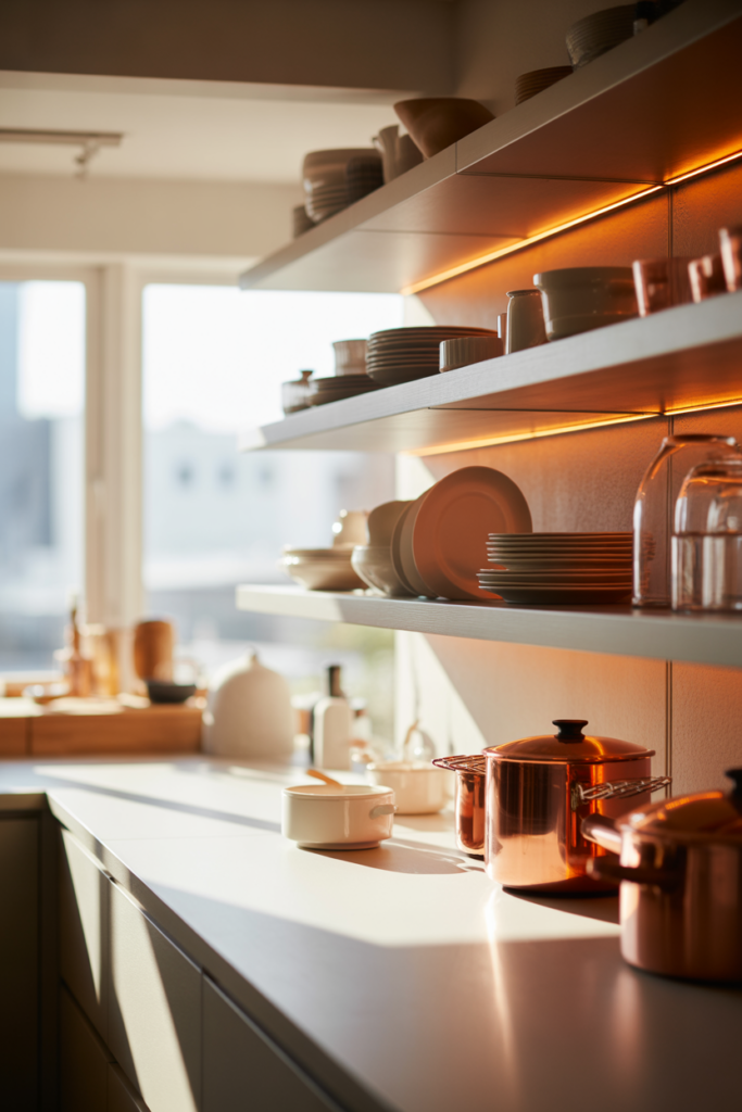 17. Open Shelving With Soft Lighting