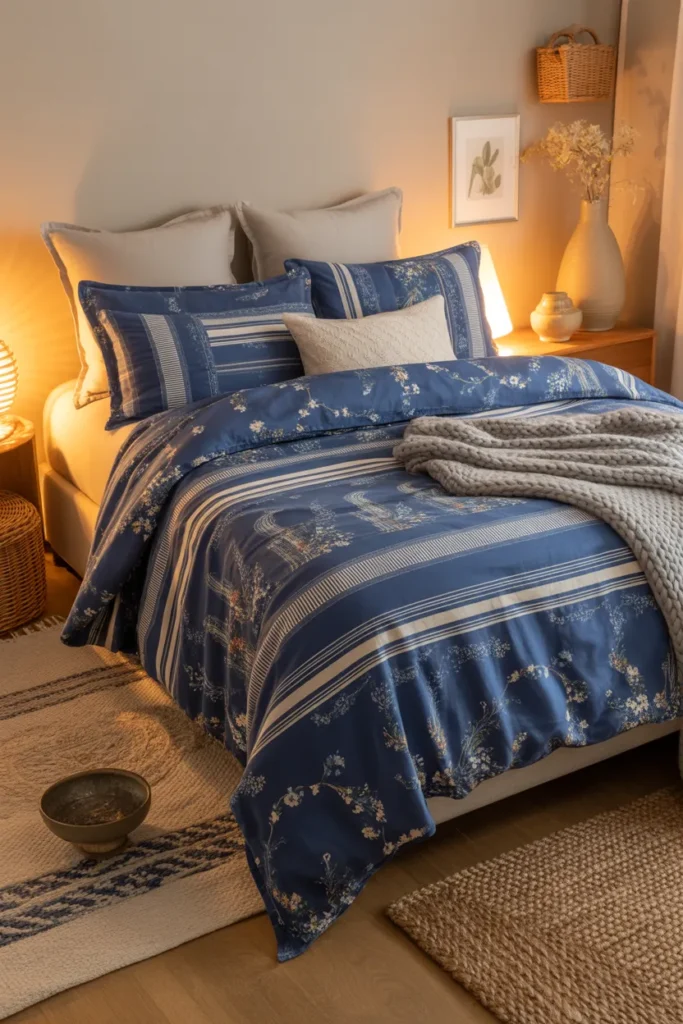 18. Navy Blue Bedding with Patterns