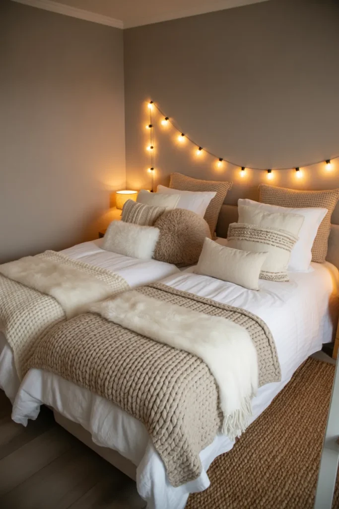 18. Twin Bed with Warm Lighting and Textures