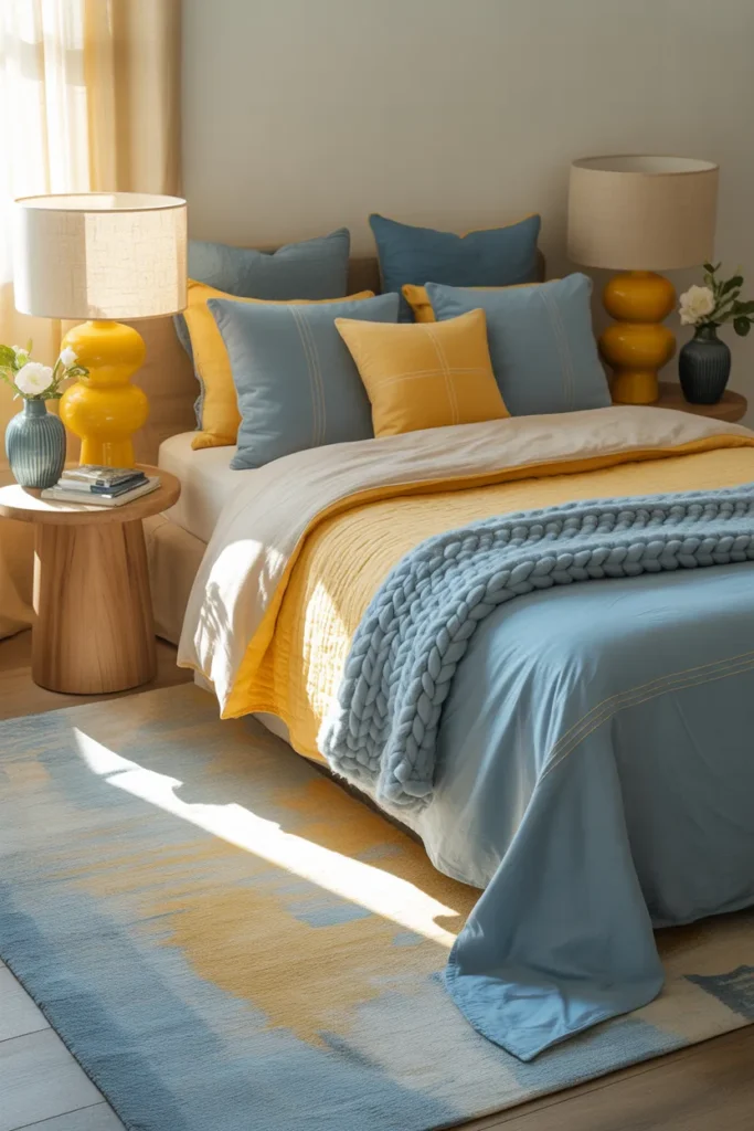 19. Balanced Blue and Yellow Bedroom Layers