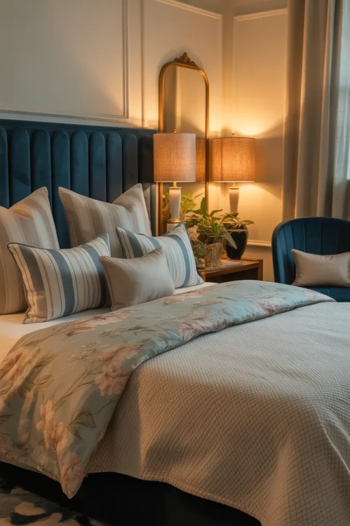 19. Mixing Blue Velvet with Patterned Decor