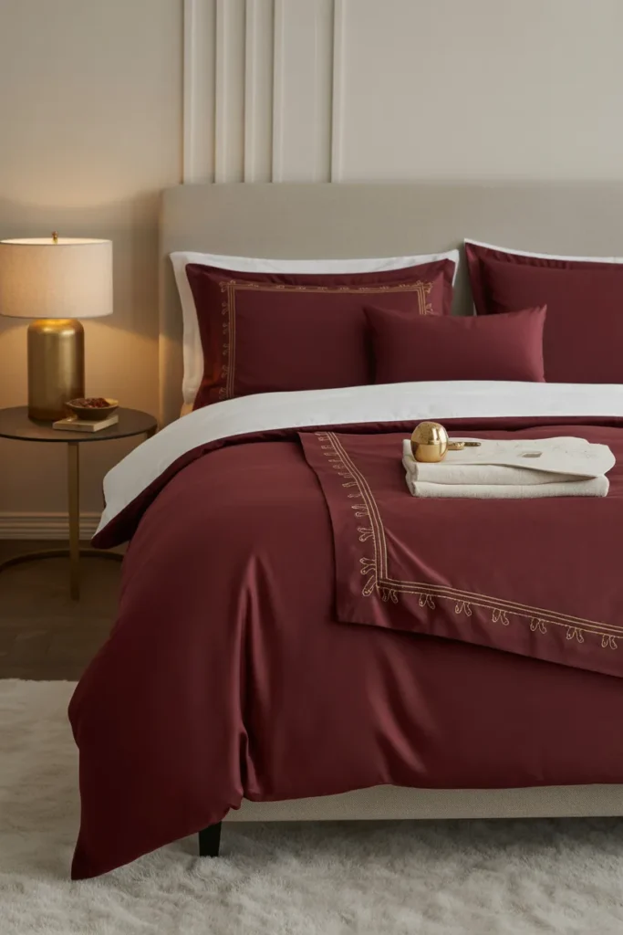 2. Burgundy Bedding with Gold Trim
