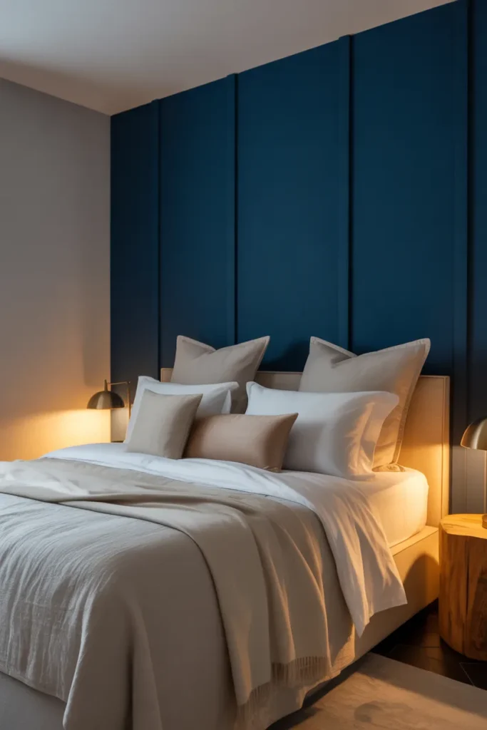 2. Deep Blue Accent Wall Behind the Bed