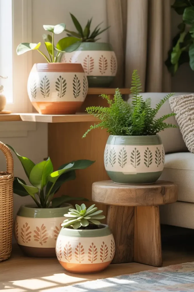 2. Hand Painted Boho Ceramic Plant Pots With Folk Art Touch