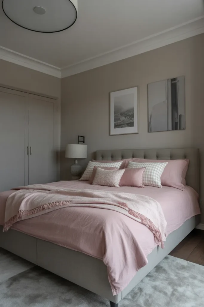 2. Pink Bedding Against Grey Backdrops