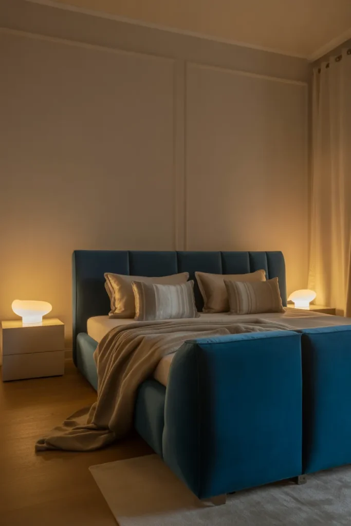 20. Blue Velvet Bedroom with Soft Lighting