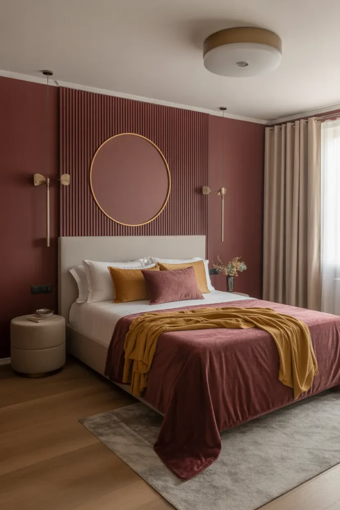 21. Burgundy and Gold with Warm Neutral Flooring