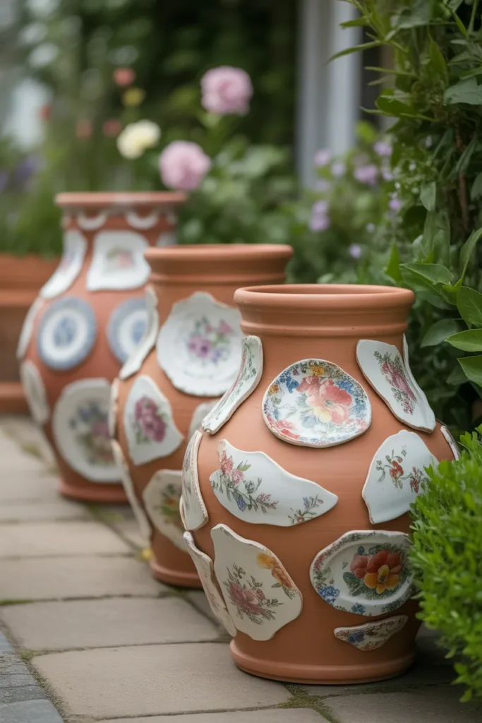 3. Flower Pots Covered in Broken China Beauty