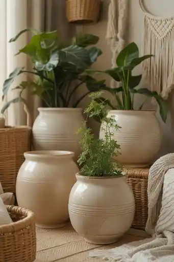 3. Neutral Boho Ceramic Plant Pots With Subtle Patterns