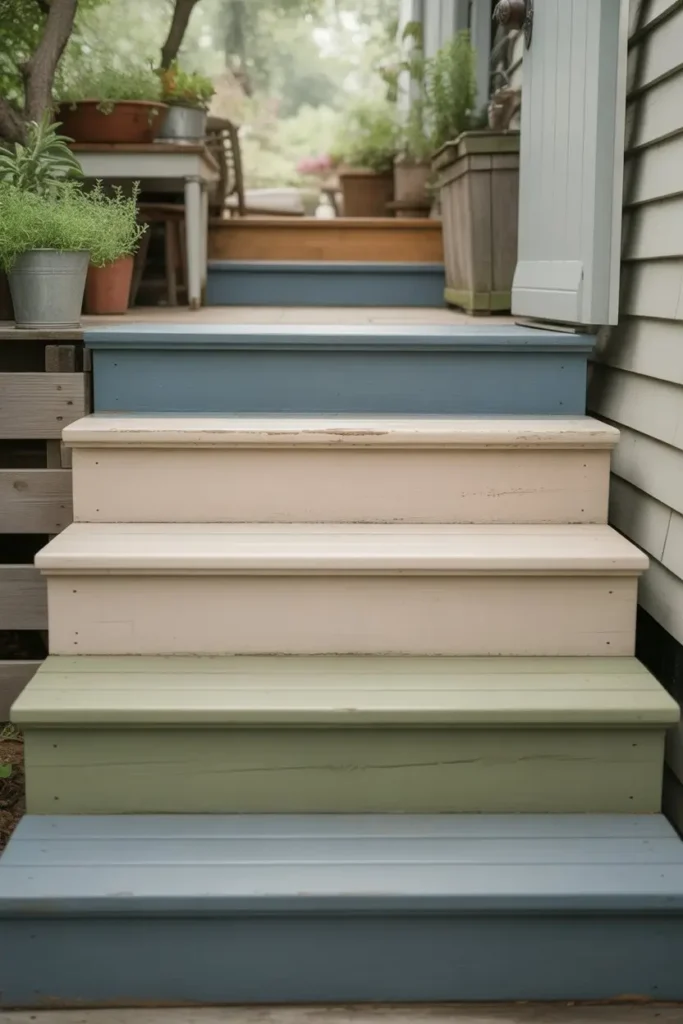 3. Painted Wood Steps That Add Soft Color