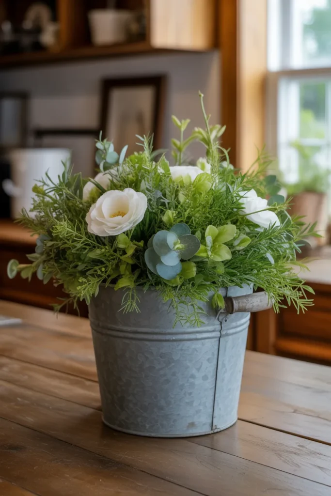 4. Galvanized Metal Buckets with Greenery