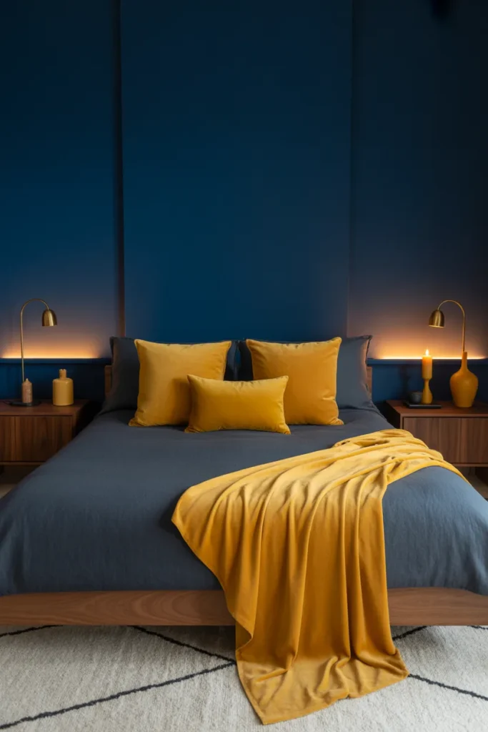 4. Navy Blue Walls with Mustard Yellow Decor