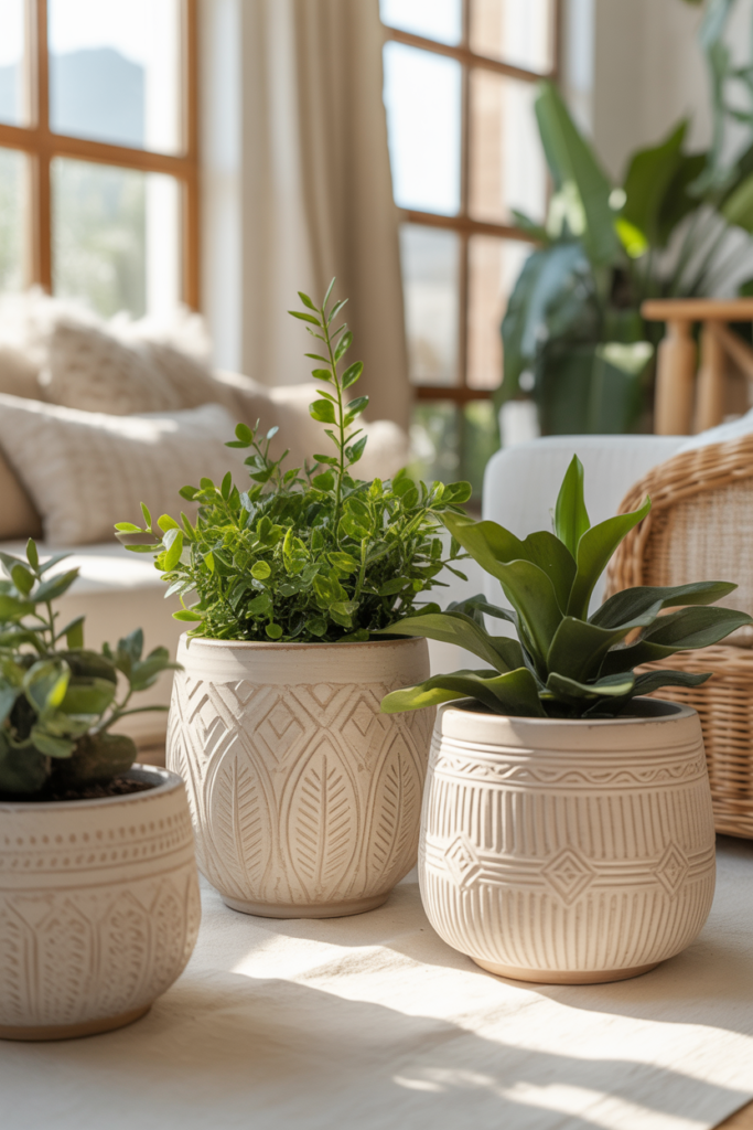 4. Textured White Boho Ceramic Plant Pots For Light Spaces