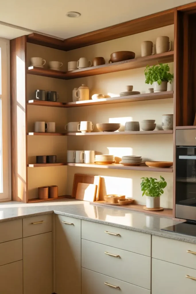 5. Corner Open Shelving to Use Lost Space