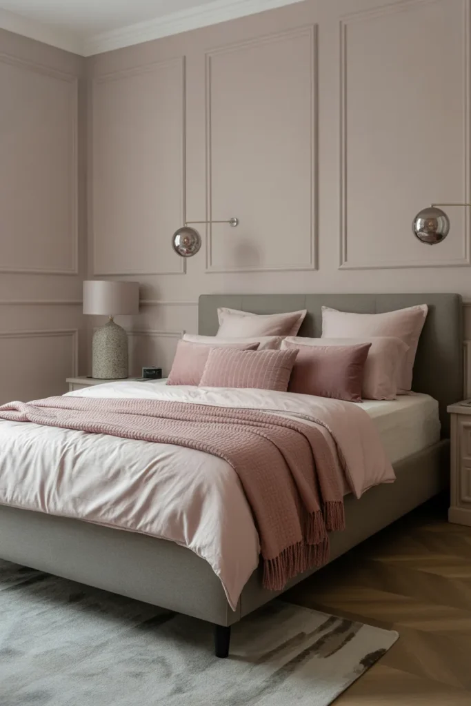 5. Grey Upholstered Beds with Pink Styling