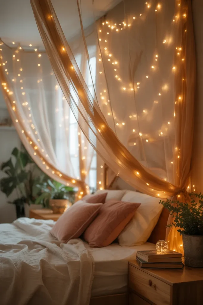 5. Hang Fairy Lights Behind Sheer Curtains for Soft Diffused Lighting