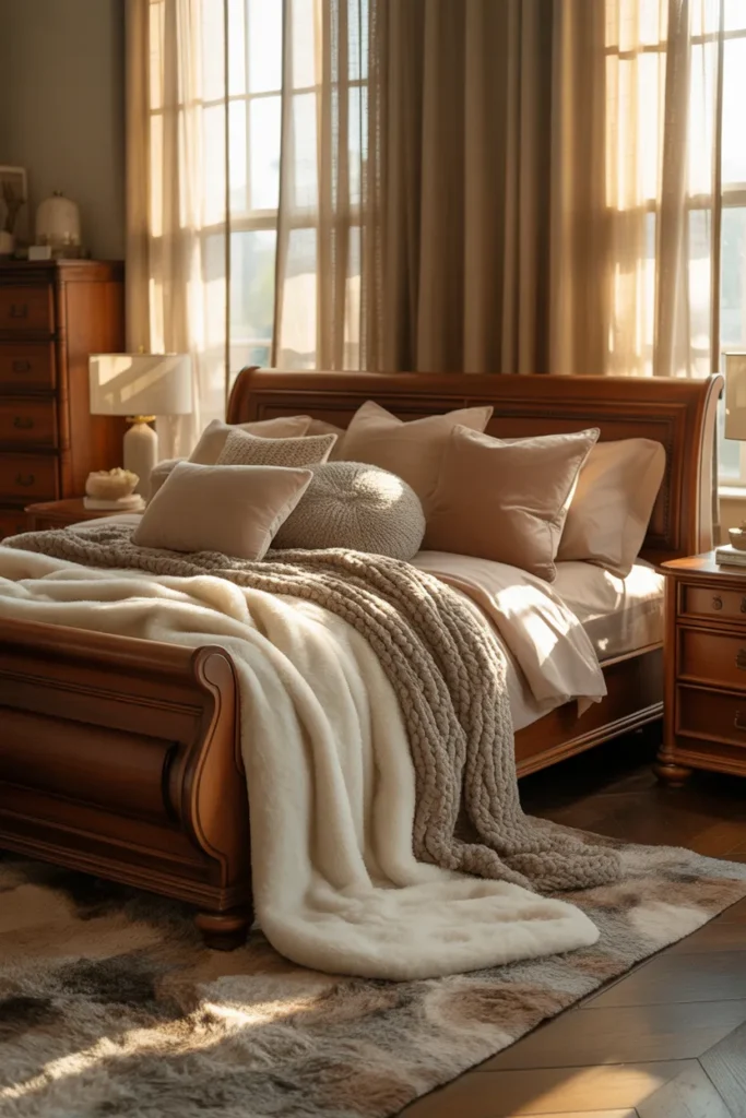 5. Layering Soft Textiles with Dark Oak