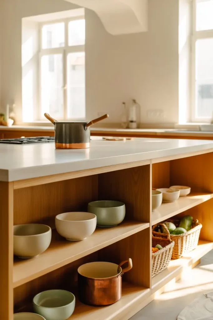 5. Open Shelf Island That Keeps Everything in Reach