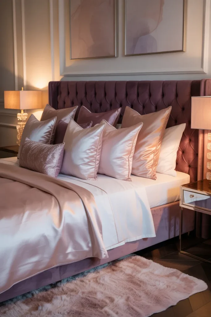 5. Purple Velvet Headboard with Pink Decor