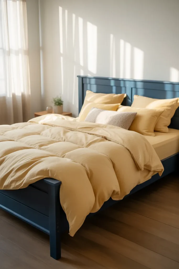 6. Blue Bed Frame with Yellow Bedding