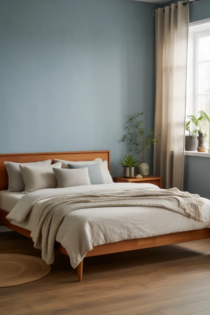 6. Blue with Warm Wood Tones