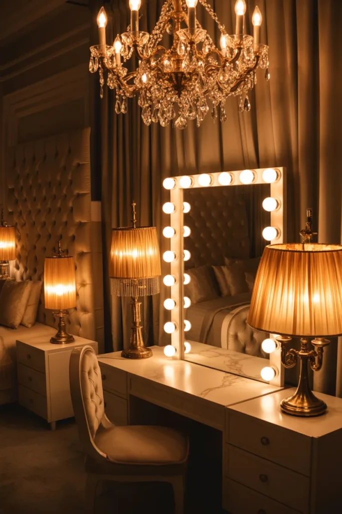 6. Glamorous Lighting with Chandeliers or Vanity Lights
