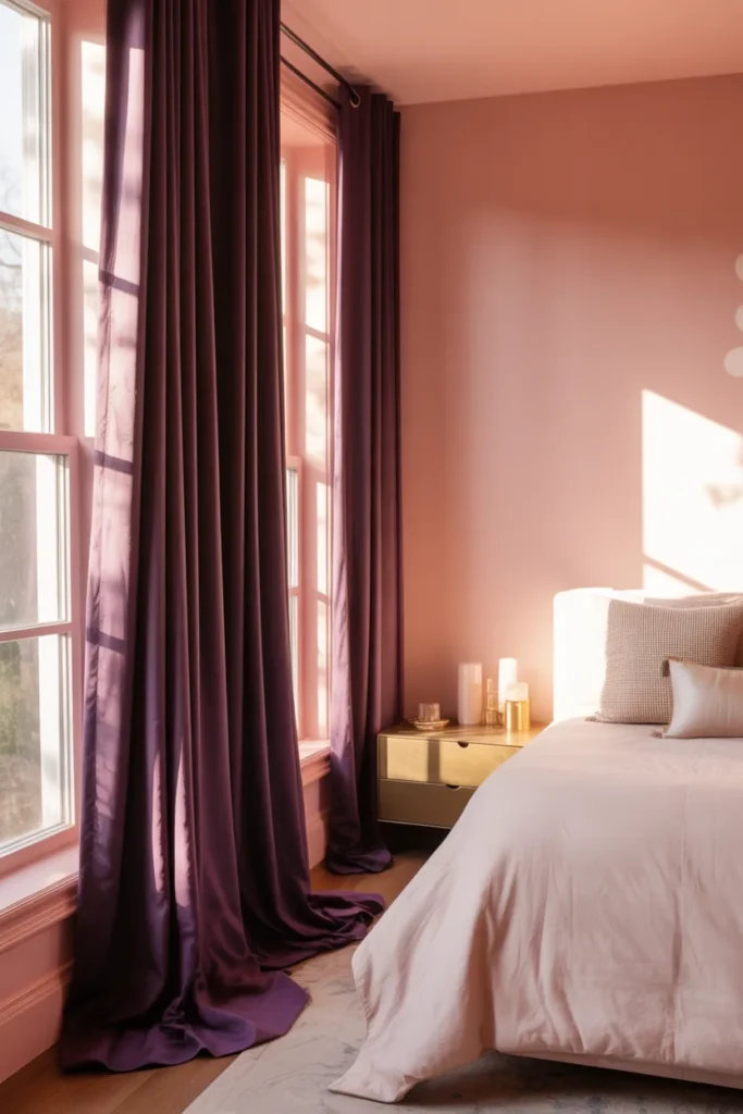 6. Light Pink Walls with Deep Purple Curtains