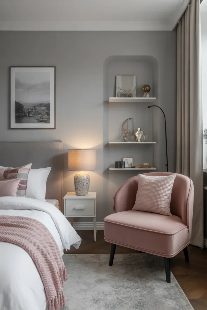 7. Pink Accent Chairs in Grey Bedrooms
