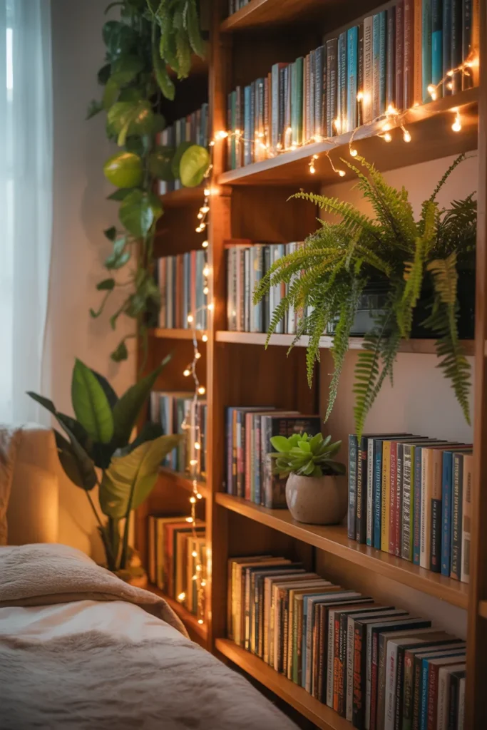 7. Weave Lights Through Bookshelves or Indoor Plants for Natural Ambience