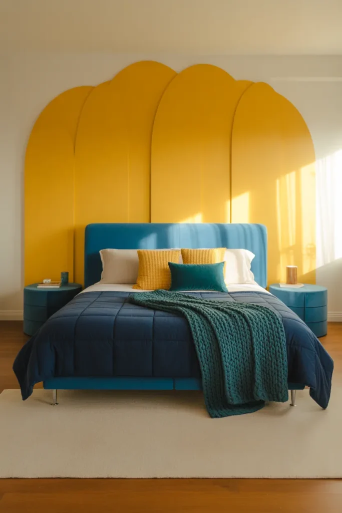 7. Yellow Accent Wall with Blue Decor