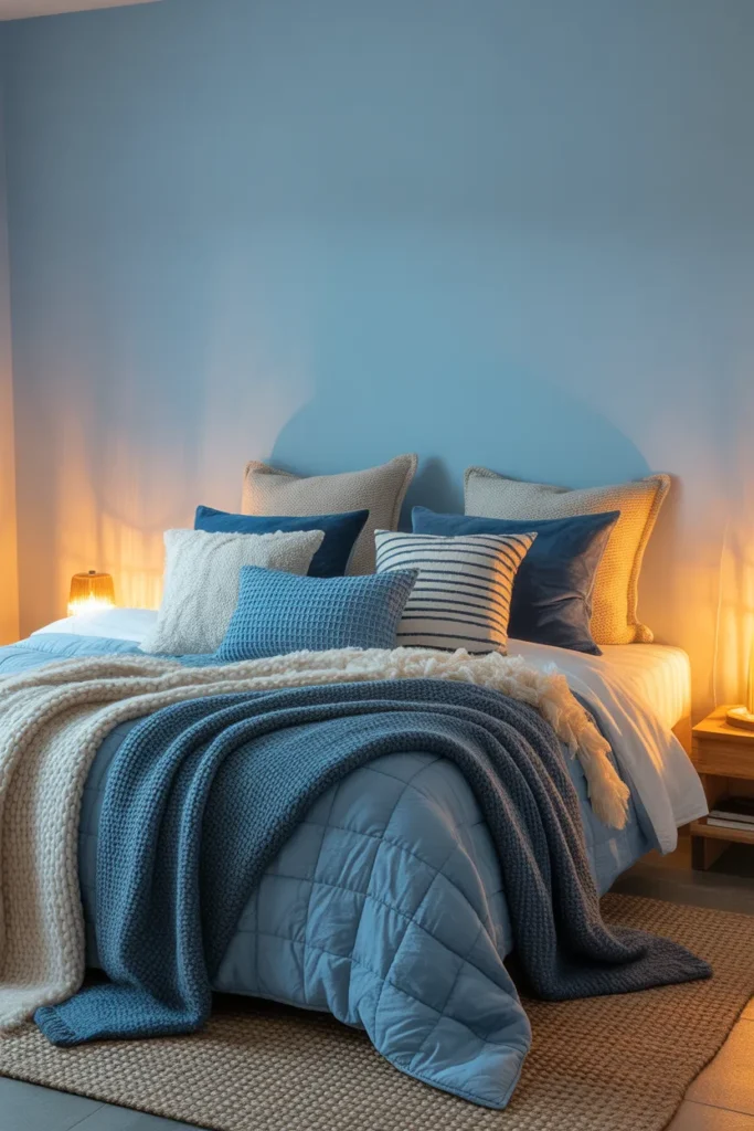 8. Blue Bedroom with Layered Textures