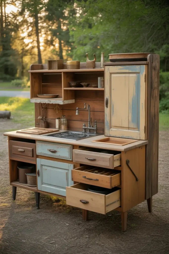 8. Camp Kitchen Using Old Furniture Parts