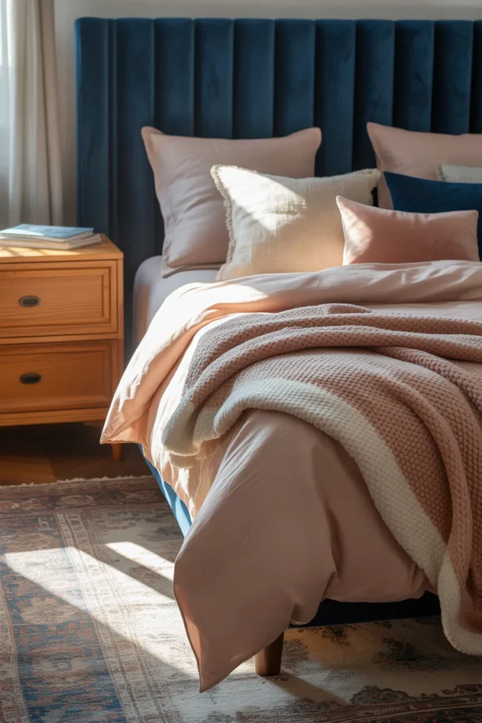 8. Mixing Blue Velvet with Natural Wood