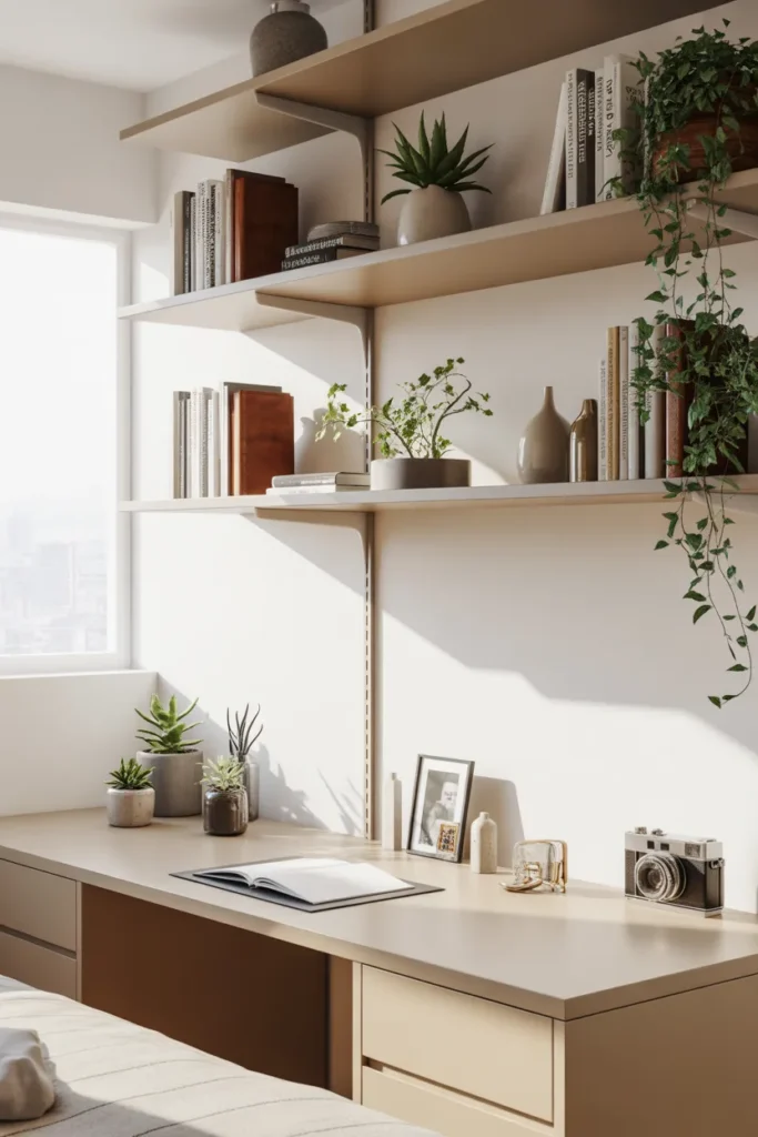 8. Open Shelving Above the Desk for Easy Access