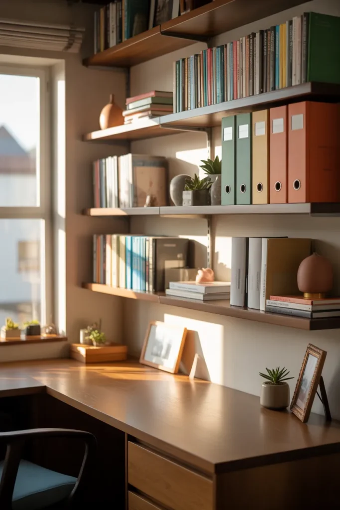 8. Wall Shelves Above the Desk