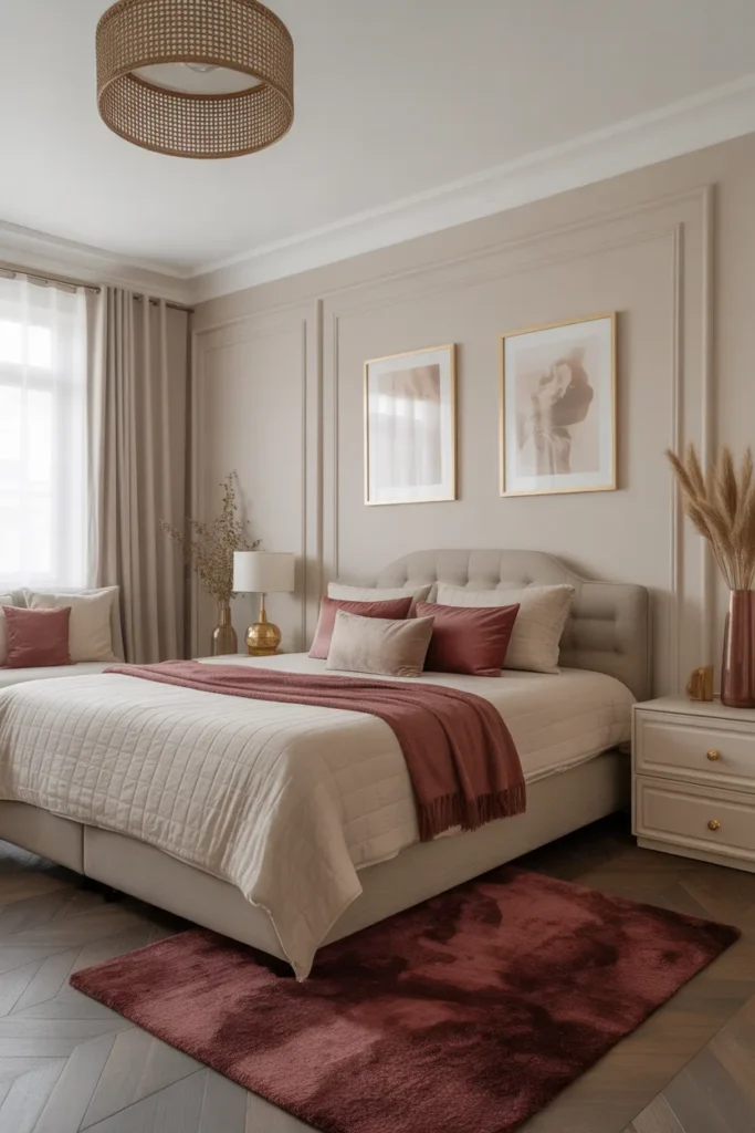 9. Burgundy Rugs That Ground the Space